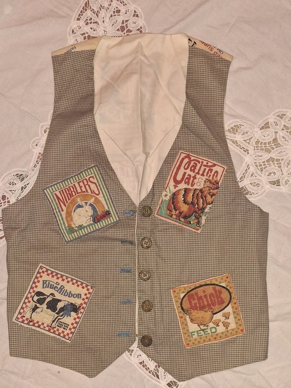 Vintage Patchwork Shabby Chic Vest in Beige with Animal & Feed Seed Patches